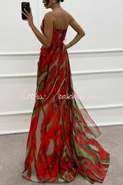 Watercolor Feather Print Off-Shoulder Chiffon Maxi Dress
