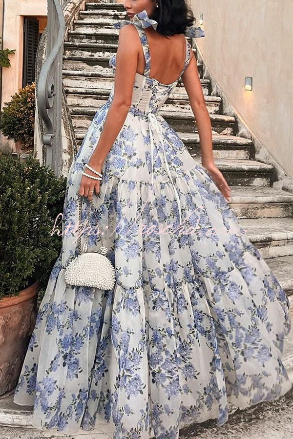 Organza Floral Print Sweetheart Maxi Dress – Sleeveless