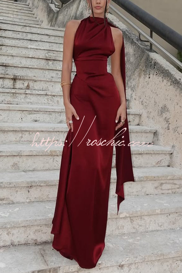 Satin Halter Neck Sleeveless Maxi Dress for Parties