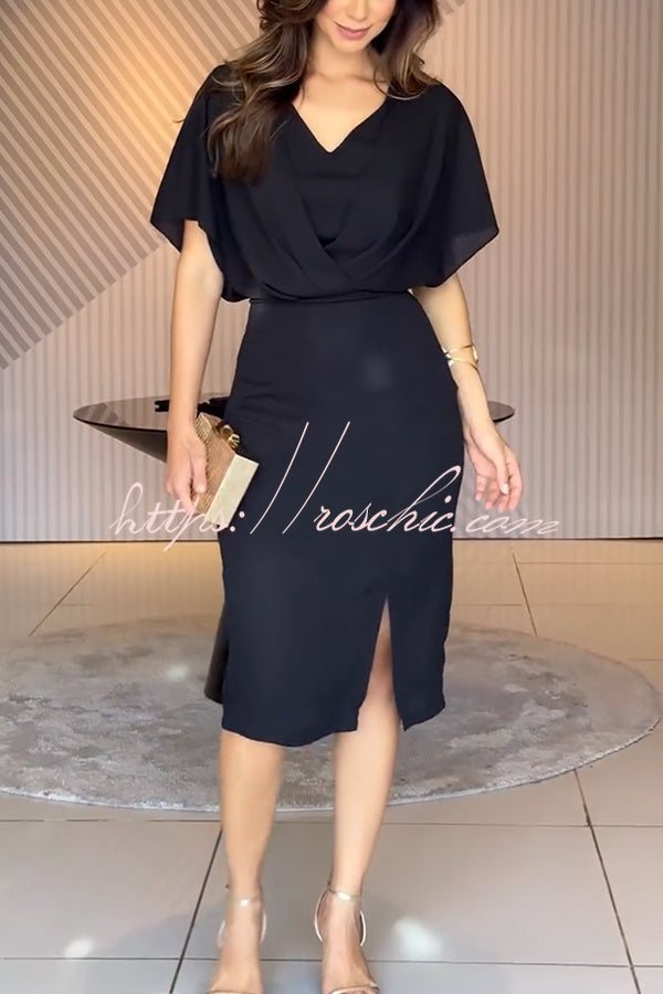 Chiffon Batwing Sleeve Midi Dress with Slit Detail