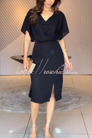 Chiffon Batwing Sleeve Midi Dress with Slit Detail