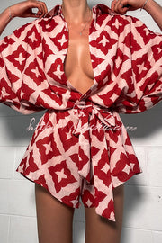 Linen Blend Printed Button Belted Loose Romper