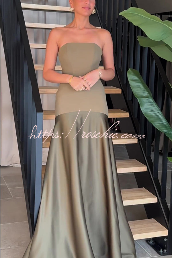 Robe longue évasée sans bretelles en satin – Robe patchwork