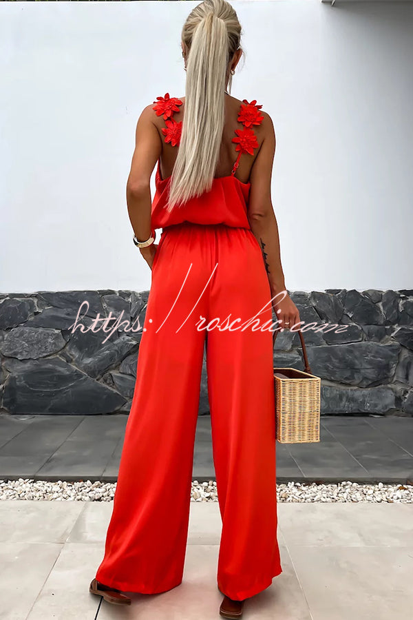 Embroidered Flower Sleeveless Jumpsuit – Loose V-Neck