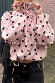 Polka Dot Loose Jacket with Stand Collar & Bow Tie Detail