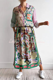 Dragon Print Patchwork Loose Shirt with Chest Pocket