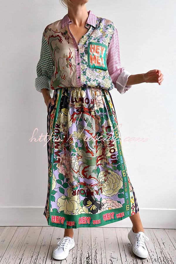 Dragon Print Patchwork Loose Shirt with Chest Pocket