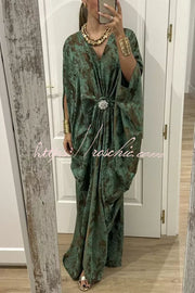Satin Gemstone Embellished Maxi Dress with V-Neck Print