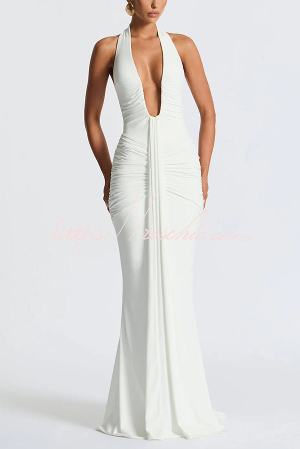 Halter V-Neck Open Back Maxi Dress – Solid Color Slim Fit