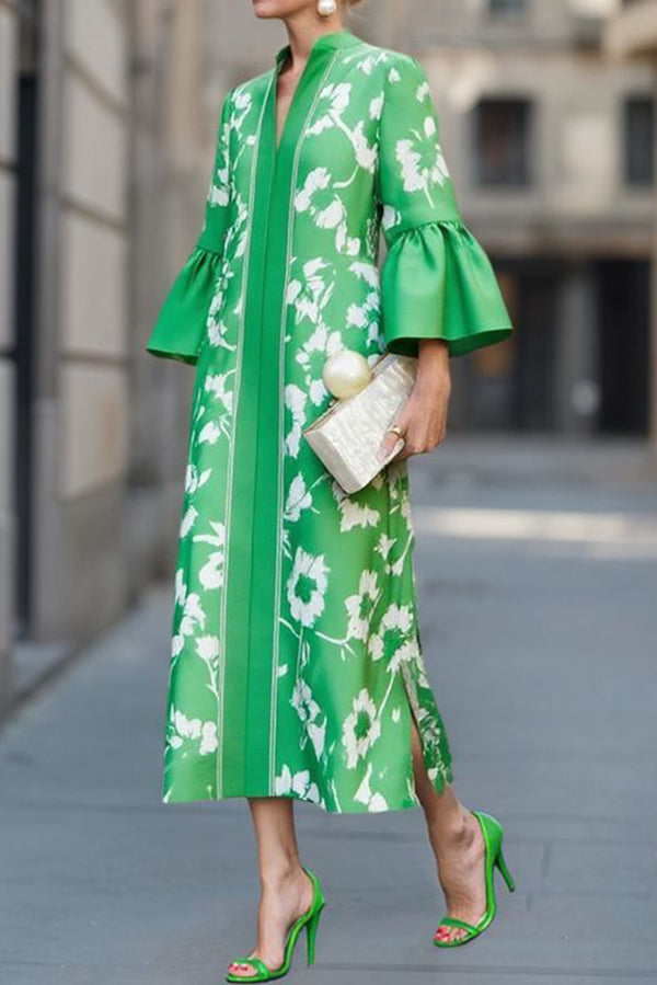 Printed Loose V-Neck Maxi Dress – 3/4 Sleeve Vacation Wear