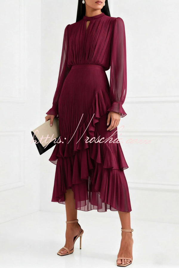 Ruffle Midi Dress Long Sleeve Round Neck Fitted Waist