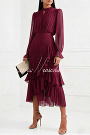 Ruffle Midi Dress Long Sleeve Round Neck Fitted Waist