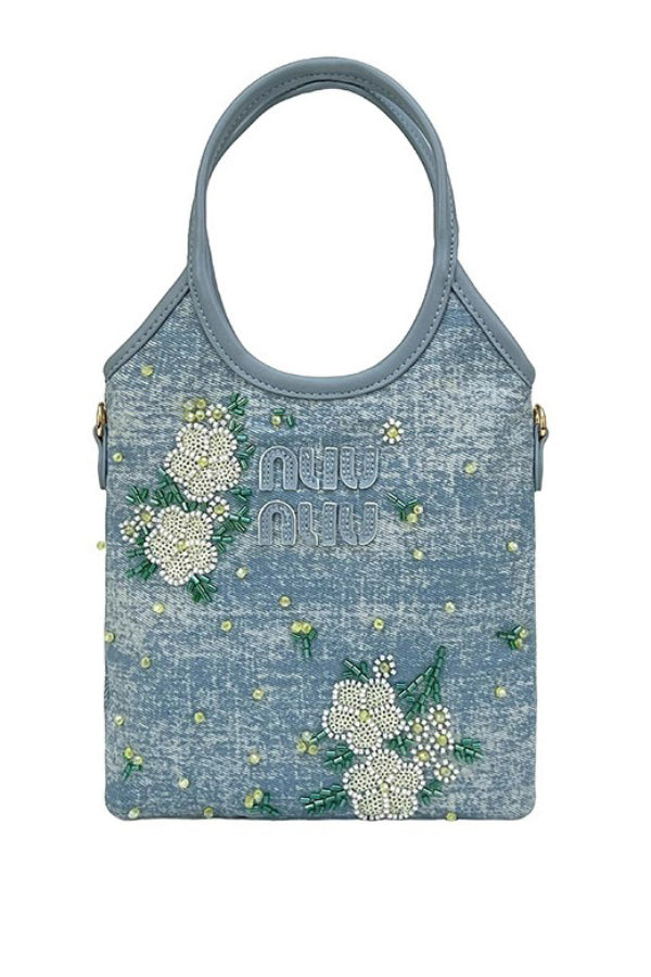 Floral Embroidered Denim Tote Bag with Shoulder Strap