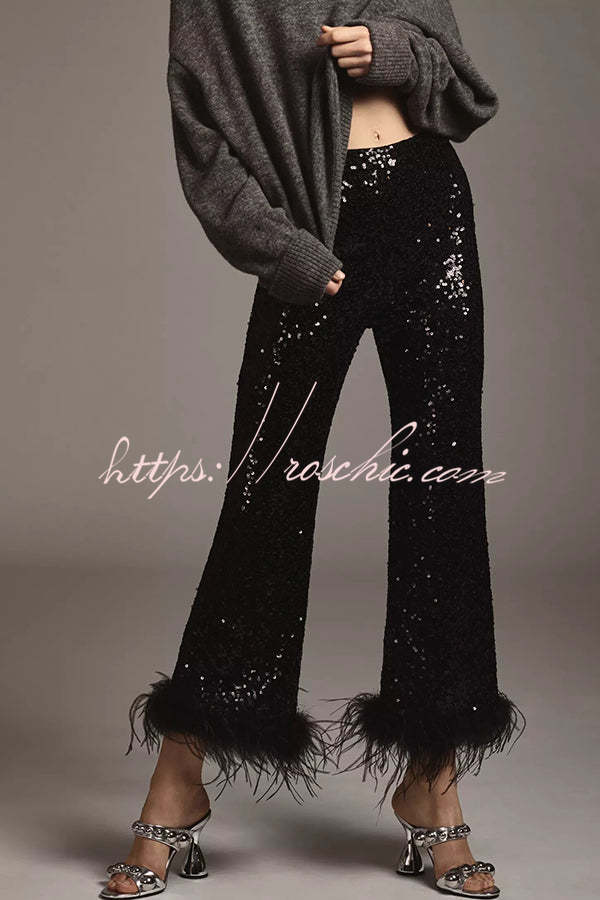 Sequin Feather Trim High Rise Flare Pants – Party & NYE