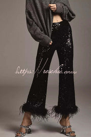 Sequin Feather Trim High Rise Flare Pants – Party & NYE