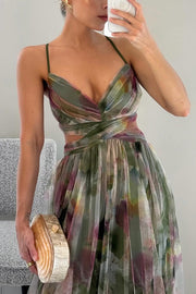 Floral Print Tulle Cutout Waist Lace-Up Maxi Dress