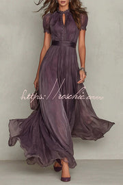 Lace Trim Keyhole Puff Sleeve Chiffon Maxi Dress