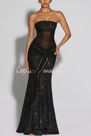 Sequined Mesh Off Shoulder Ruched Maxi Dress for Parties