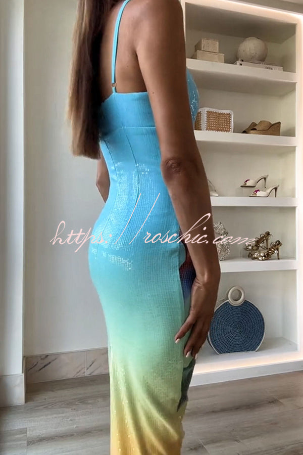 Sequin Floral Gradient Maxi Dress with Slit – Slim Fit