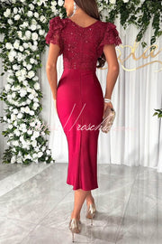 Lace & Satin Patchwork Ruffle Sleeve Ruched Midi Dress