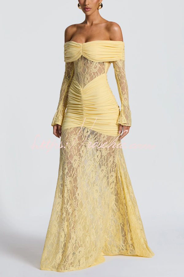 Off-Shoulder Lace Maxi Dress – Slim-Fit Long Sleeve