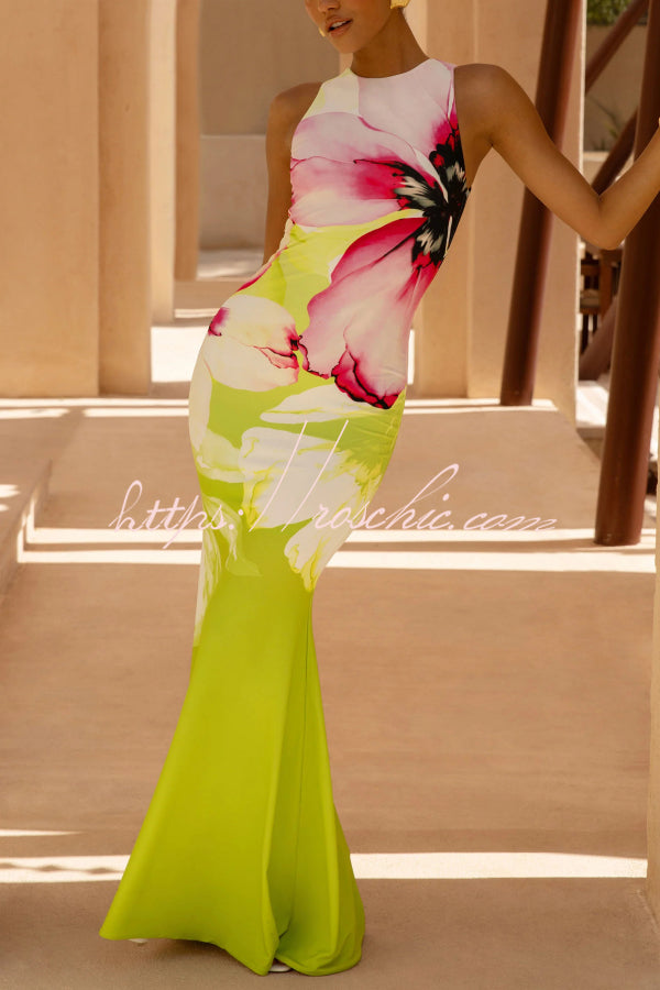 Floral Print Sleeveless Fishtail Maxi Dress | Slim Fit