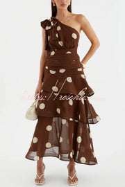 Polka Dot One-Shoulder Sleeveless Layered Mesh Maxi Dress