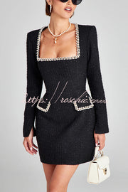 Tweed Pearl Trim Mini Dress with Long Slit Sleeves & Pockets