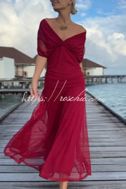 Printed V-Neck Waisted Mesh Maxi Dress for Vacation