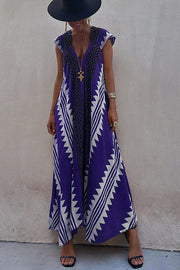 Ethnic Print V-Neck Maxi Dress – Loose A-Line Vacation Dress