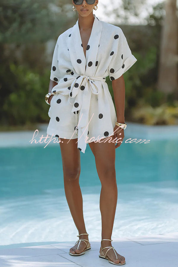 Linen Blend Polka Dot Kimono Top & Shorts Set