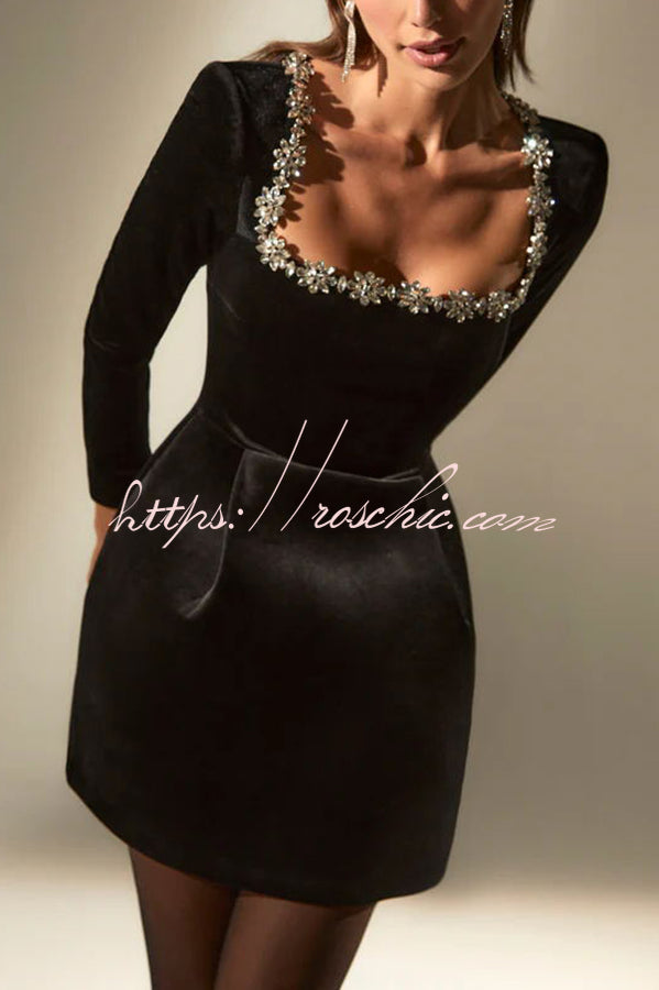 Black Velvet Mini Dress with Jeweled Trim & Long Sleeves