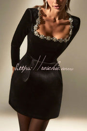 Black Velvet Mini Dress with Jeweled Trim & Long Sleeves
