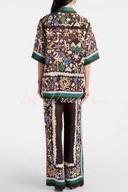 Printed Satin Long Sleeve Shirt and Pants Set – Loose Fit
