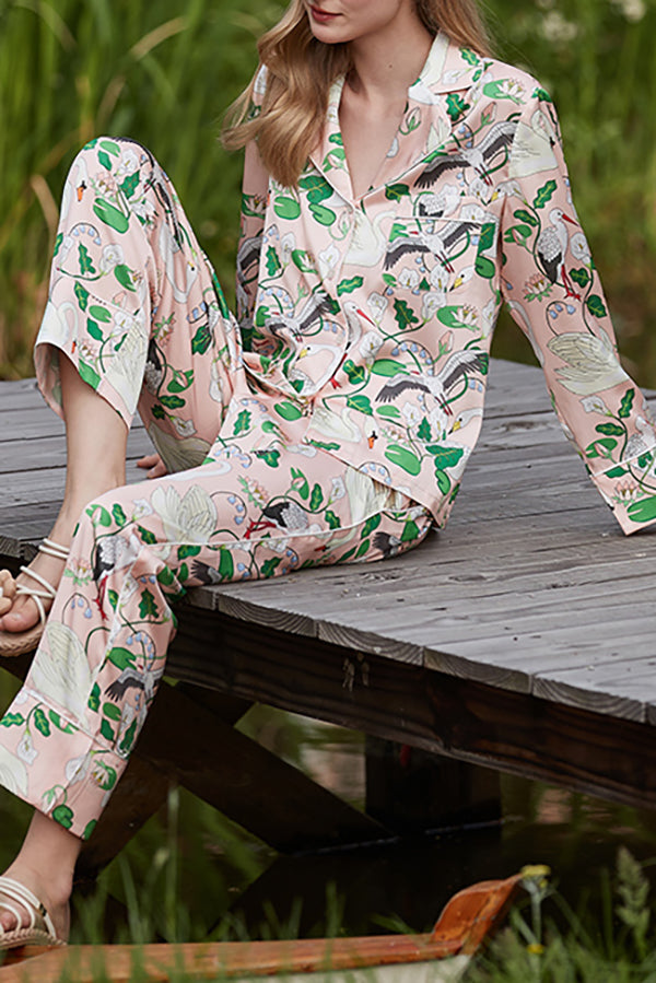 Swan Crane Printed Long Sleeve Two-Piece Set
