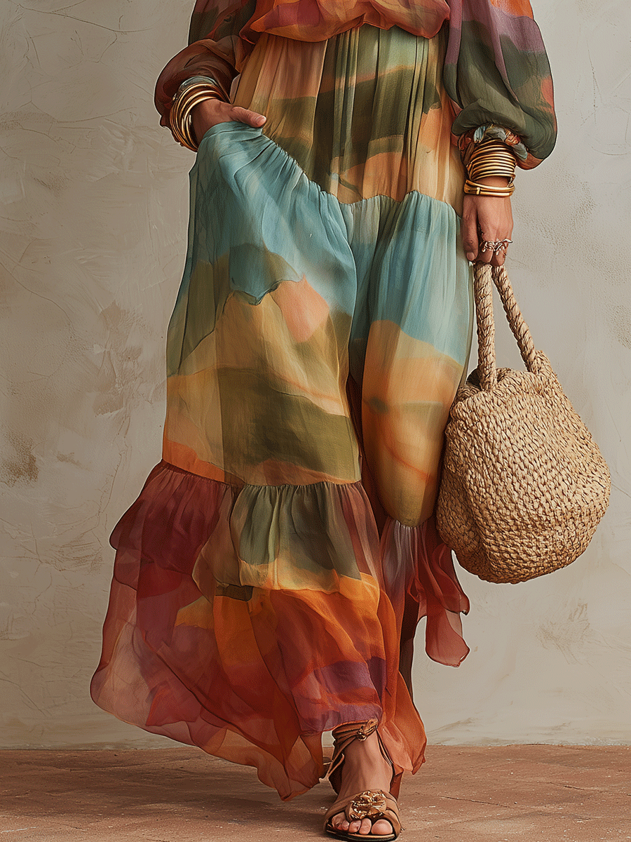 Off-Shoulder Chiffon Maxi Dress in Sunset Multi-Color Print
