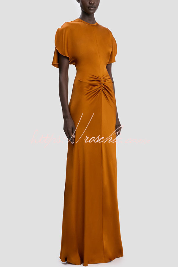 Satin Maxi Dress Short Sleeve Ruched Waist V-Back Gown
