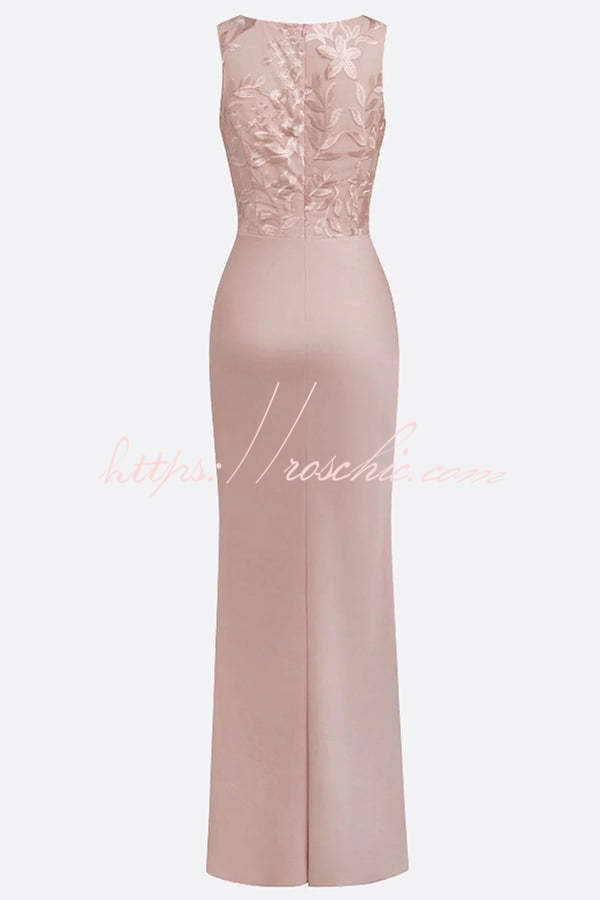 Light Pink Satin Maxi Dress with Floral Embroidery