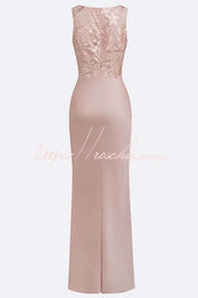 Light Pink Satin Maxi Dress with Floral Embroidery