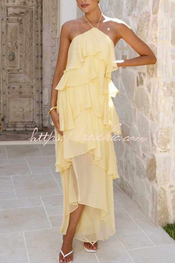 Chiffon Halter Neck Ruffle Maxi Dress – Loose Fit