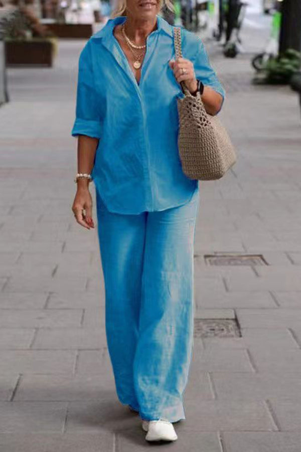 Knit Long Sleeve Shirt & Wide-Leg Pants Set – Casual Loose Fit