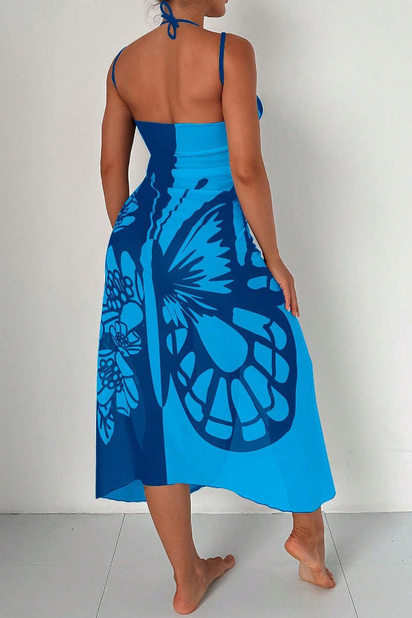Butterfly Print Color-Block Midi Dress – Resort Cover-Up