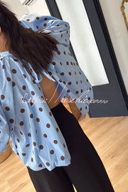 Polka Dot Turtleneck Blouse with Balloon Sleeves & Back Slit