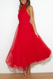 Tulle Halter Maxi Dress with Gathered Detail