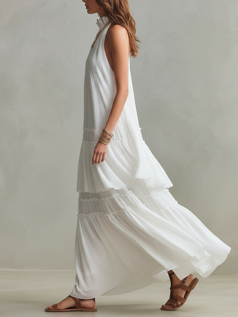 Tiered Bohemian Maxi Dress with High Neck | Flowy Style