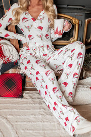 Christmas Pajama Set Women Santa Hat Reindeer Print Lounge