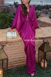 Satin Plunge V-Neck Maxi Dress with Gold Trim & Batwing Sleeves