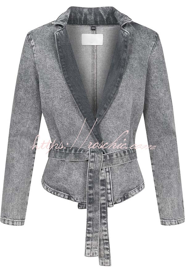 Women's Denim Belted Jacket – Loose Fit Stand Collar