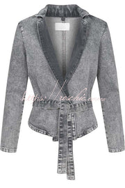Women's Denim Belted Jacket – Loose Fit Stand Collar