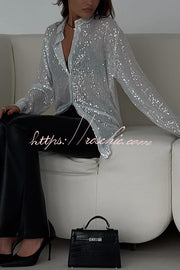 Sequin Lapel Long Sleeve Loose Shirt for Party Wear